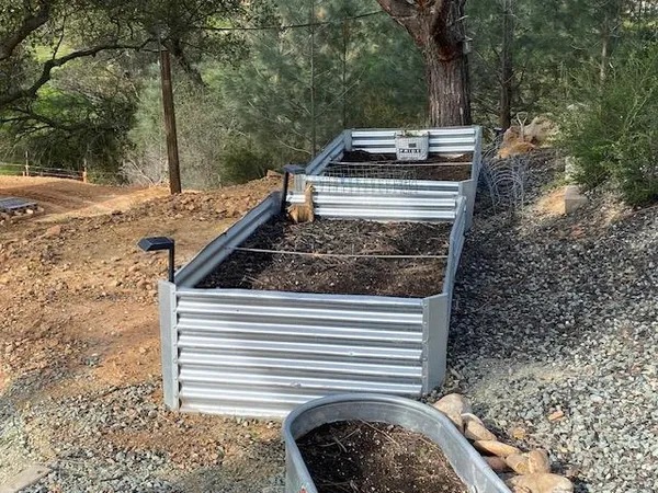 a view of a wooden deck with a trees