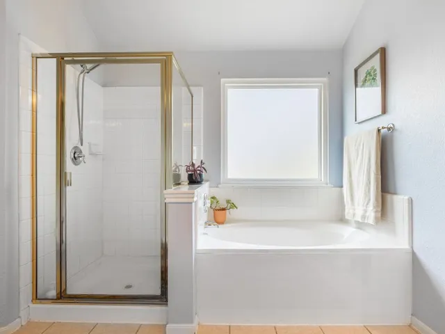 a bathroom with a bathtub and a shower
