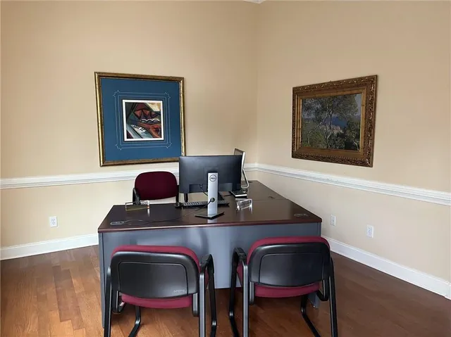 a view of a dining room with furniture