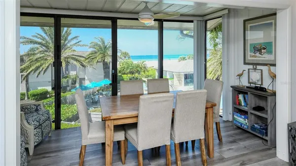 a view of a dining room with furniture window and wooden floor