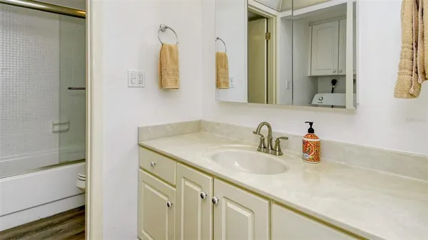 a bathroom with a sink and a mirror