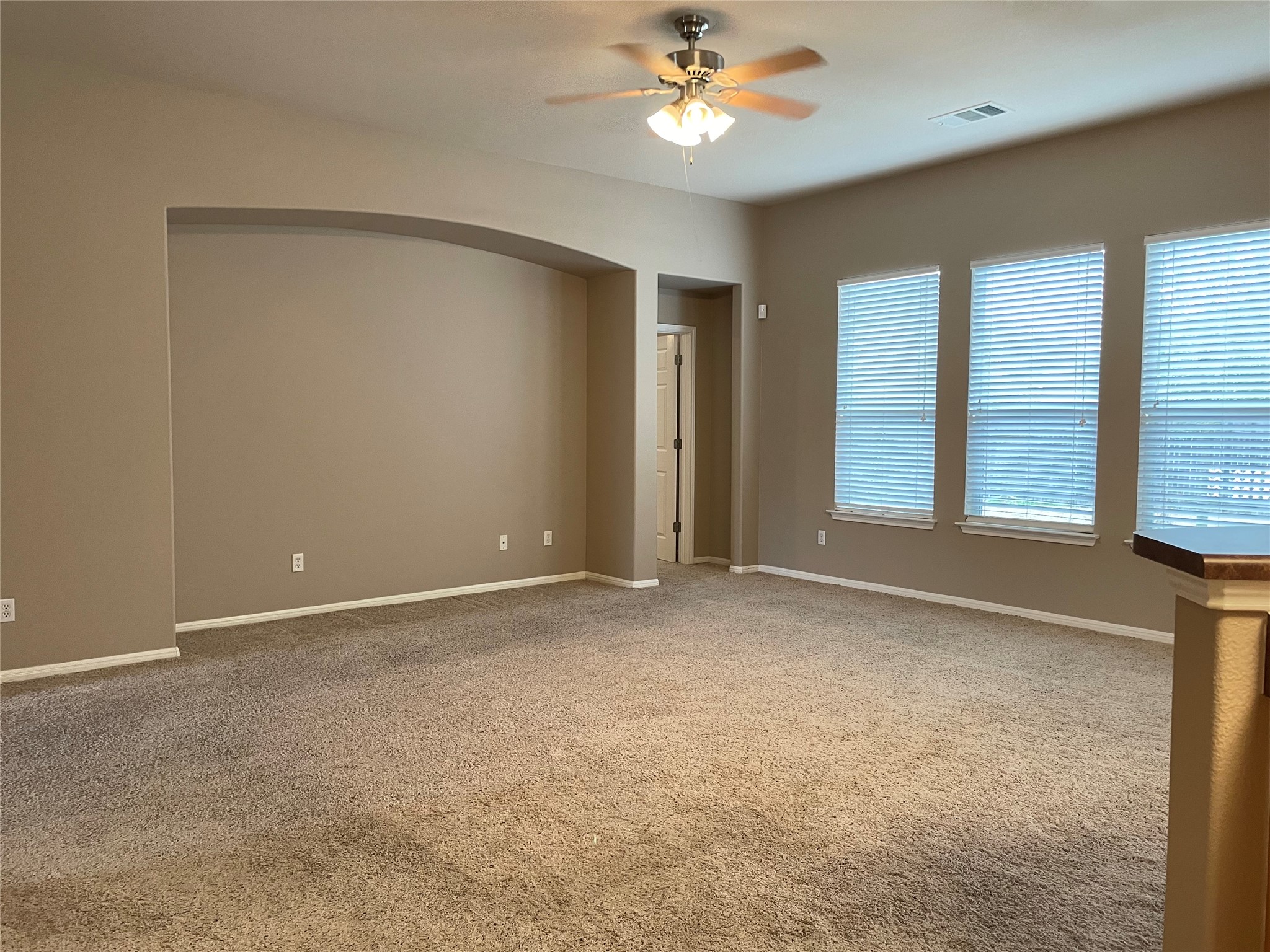 11713 Dunblane Way Austin, TX 78754 - Photo 3 of 22 Spacious room featuring neutral carpeting, a decorative wall niche, three large windows with blinds, a ceiling fan, and warm-toned wall paint