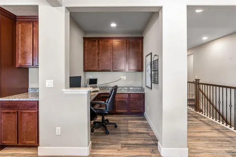 a workspace with cabinets