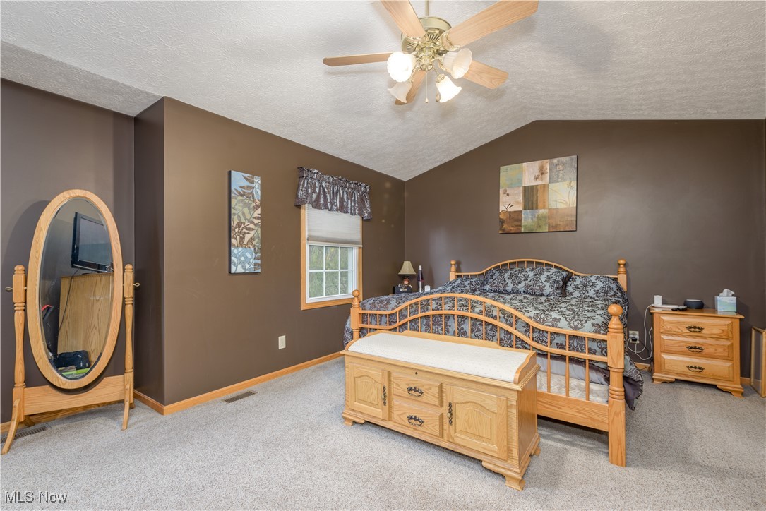 9715 Williams Road Diamond, OH 44412 - Photo 35 of 48 Bedroom with a textured ceiling, light carpet, lofted ceiling, and ceiling fan