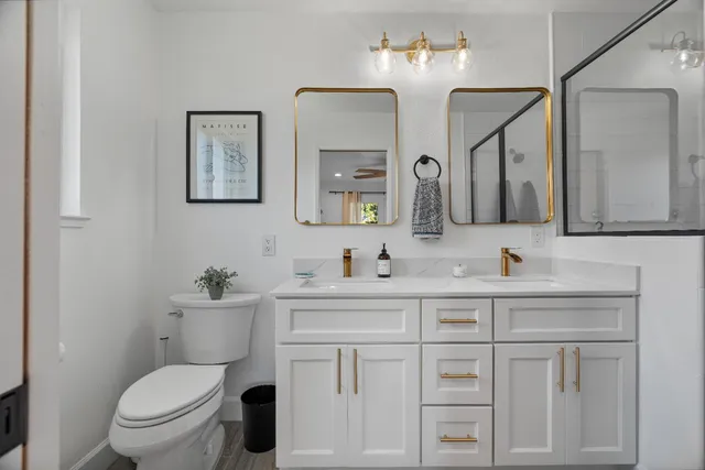 a bathroom with a toilet a sink a vanity and mirror