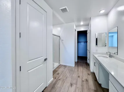 a bathroom with a double vanity sink a mirror and a shower