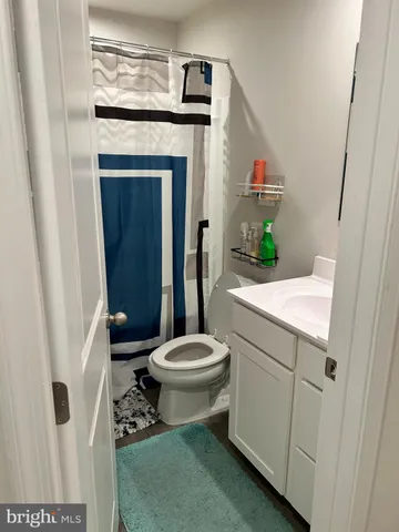 a bathroom with a sink a toilet and a shower curtain