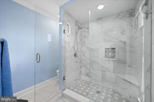 a bathroom with a shower and toilet
