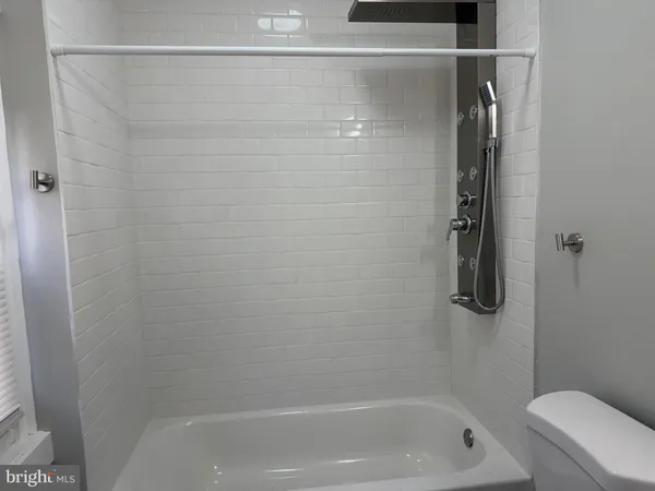 a bathroom with a shower and toilet