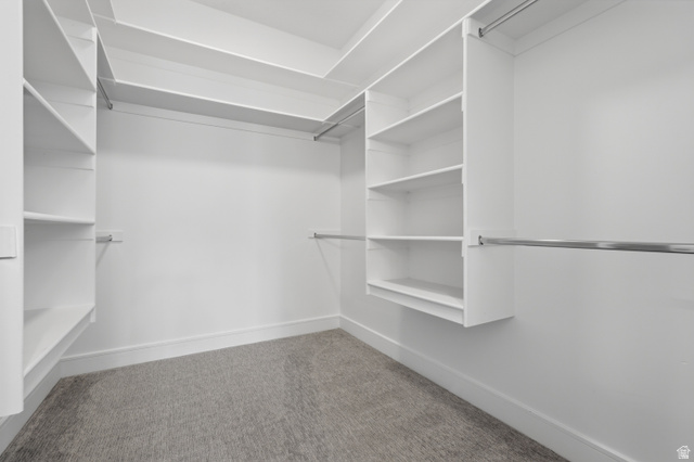 653 East Vandalay Lane Draper, UT 84020 - Photo 40 of 61 Spacious walk-in closet featuring light gray carpeting, extensive built-in shelving, multiple hanging rods, and bright white walls