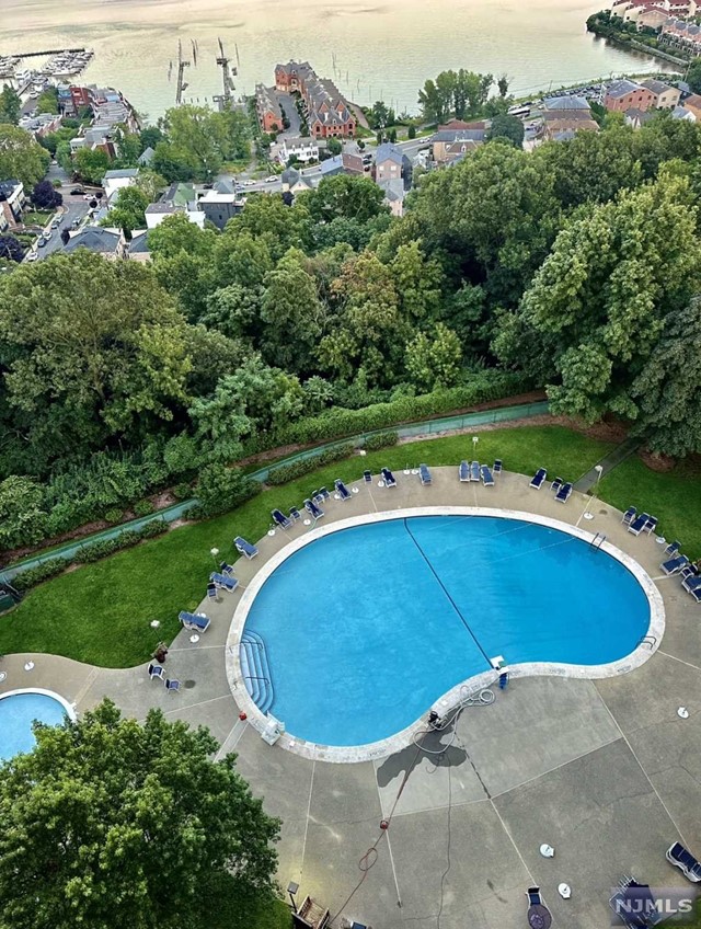 an aerial view of a swimming pool with a yard