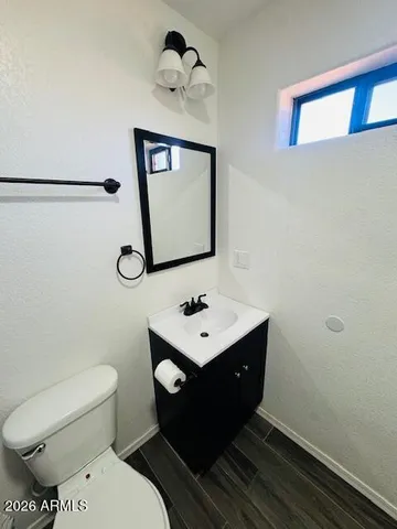 a bathroom with a sink toilet vanity and curtain