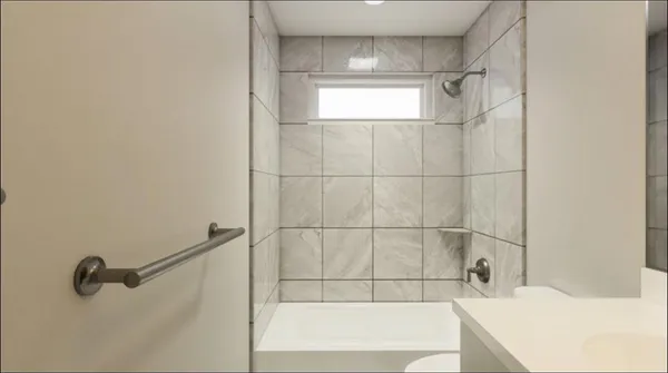 a bathroom with a bathtub