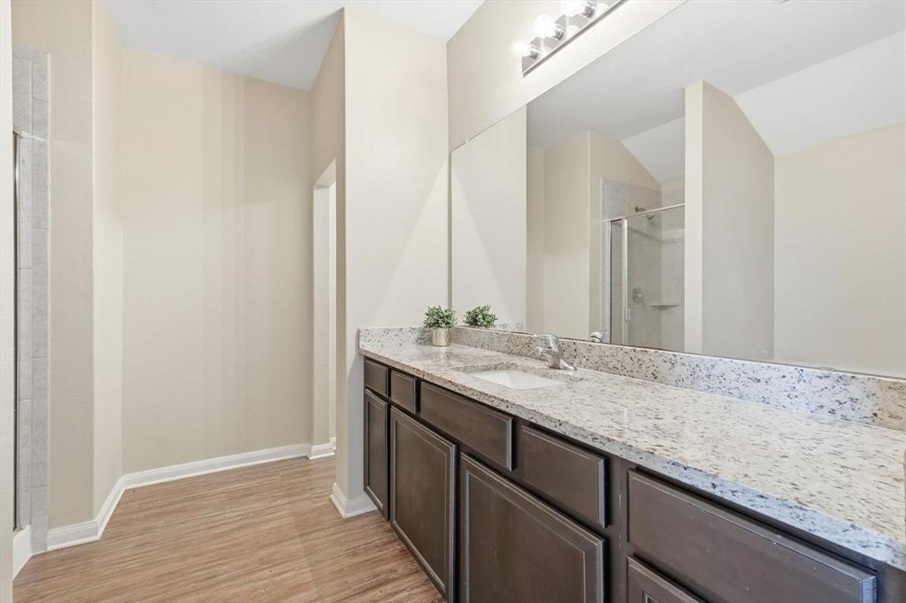 227 Curt Street Anna, TX 75409 - Photo 19 of 40 a bathroom with a granite countertop sink and a mirror