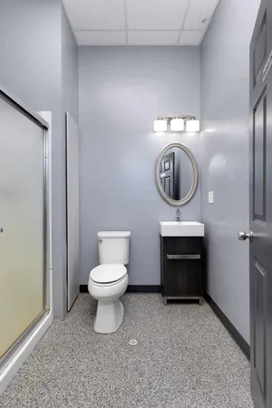 a bathroom with a toilet a sink and a mirror