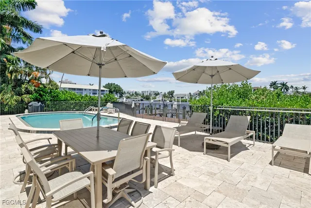 a view of a swimming pool with a chairs