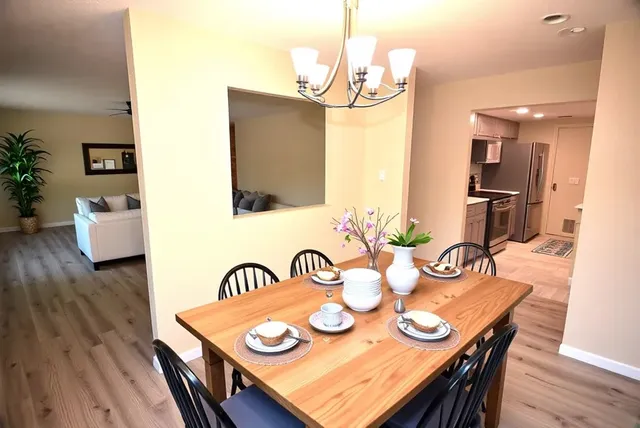 a view of a dining room with furniture and wooden floor