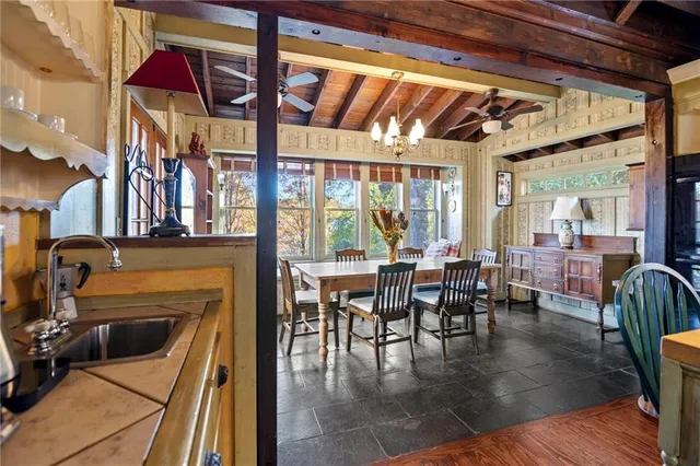 an outdoor space with seating