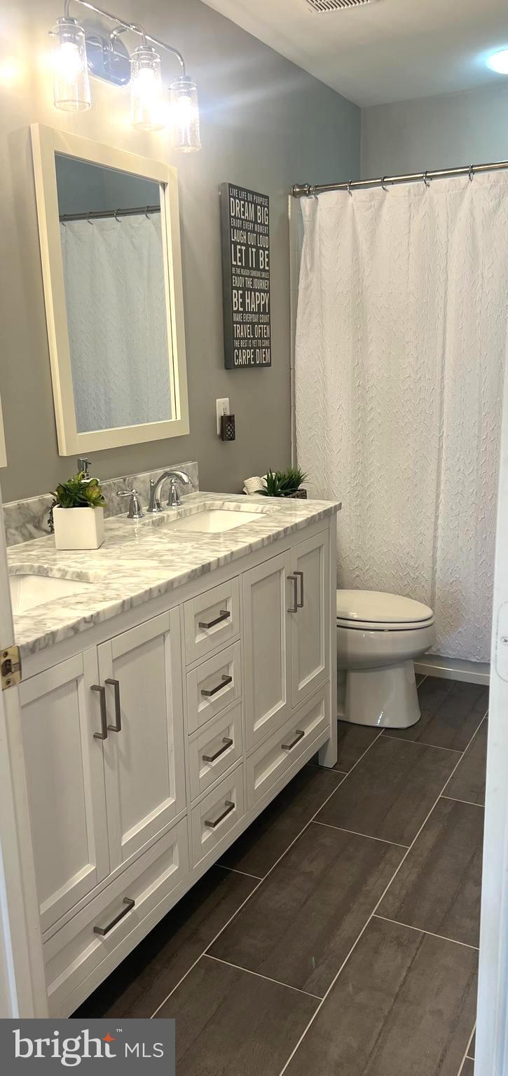 42925 Ellzey Drive Broadlands, VA 20148 - Photo 61 of 96 a bathroom with a double vanity sink toilet and a mirror