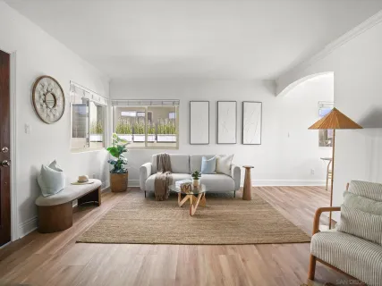 a living room with furniture rug and window