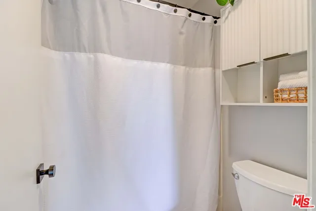 a bathroom with a shower and a toilet