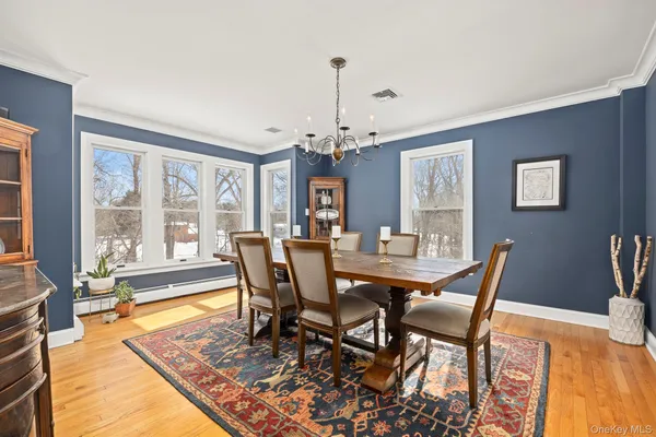 a view of a dining room with furniture window and wooden floor