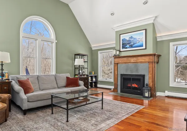 a living room with furniture and a fireplace