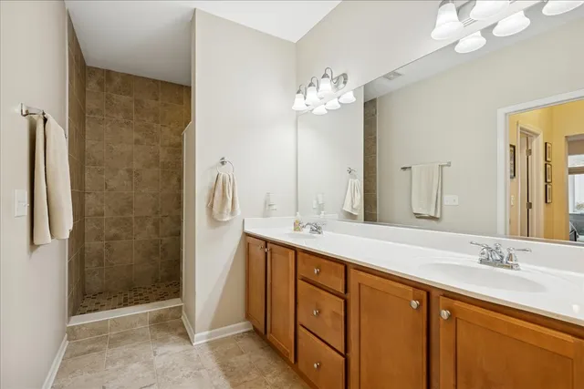 a spacious bathroom with a double vanity sink a large mirror and shower