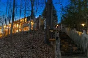 a view of a yard with large trees