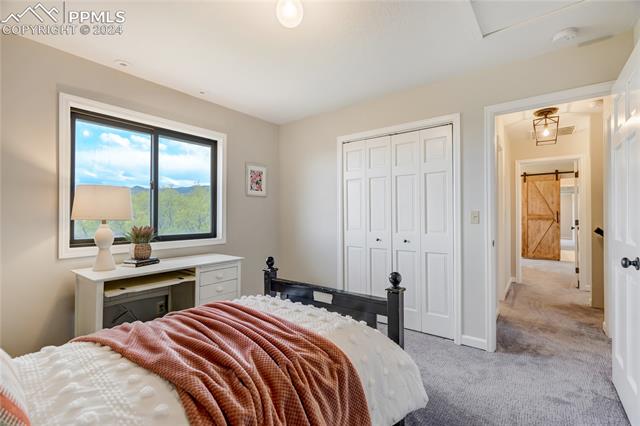 3405 Spaatz Road Monument, CO 80132 - Photo 29 of 47 Carpeted bedroom with a barn door and a closet