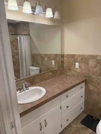 a bathroom with a sink and a mirror