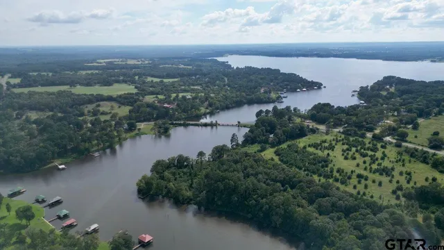 an aerial view of green landscape with trees houses and lake view