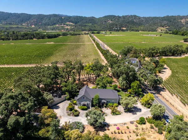 an aerial view of a house with yard and trees in the background