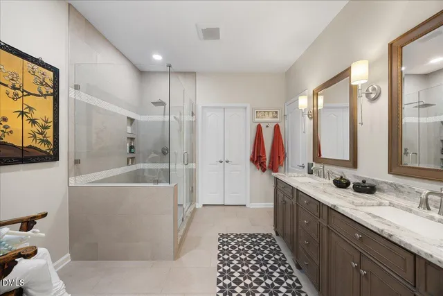 a view of a backyard with sitting area and garden