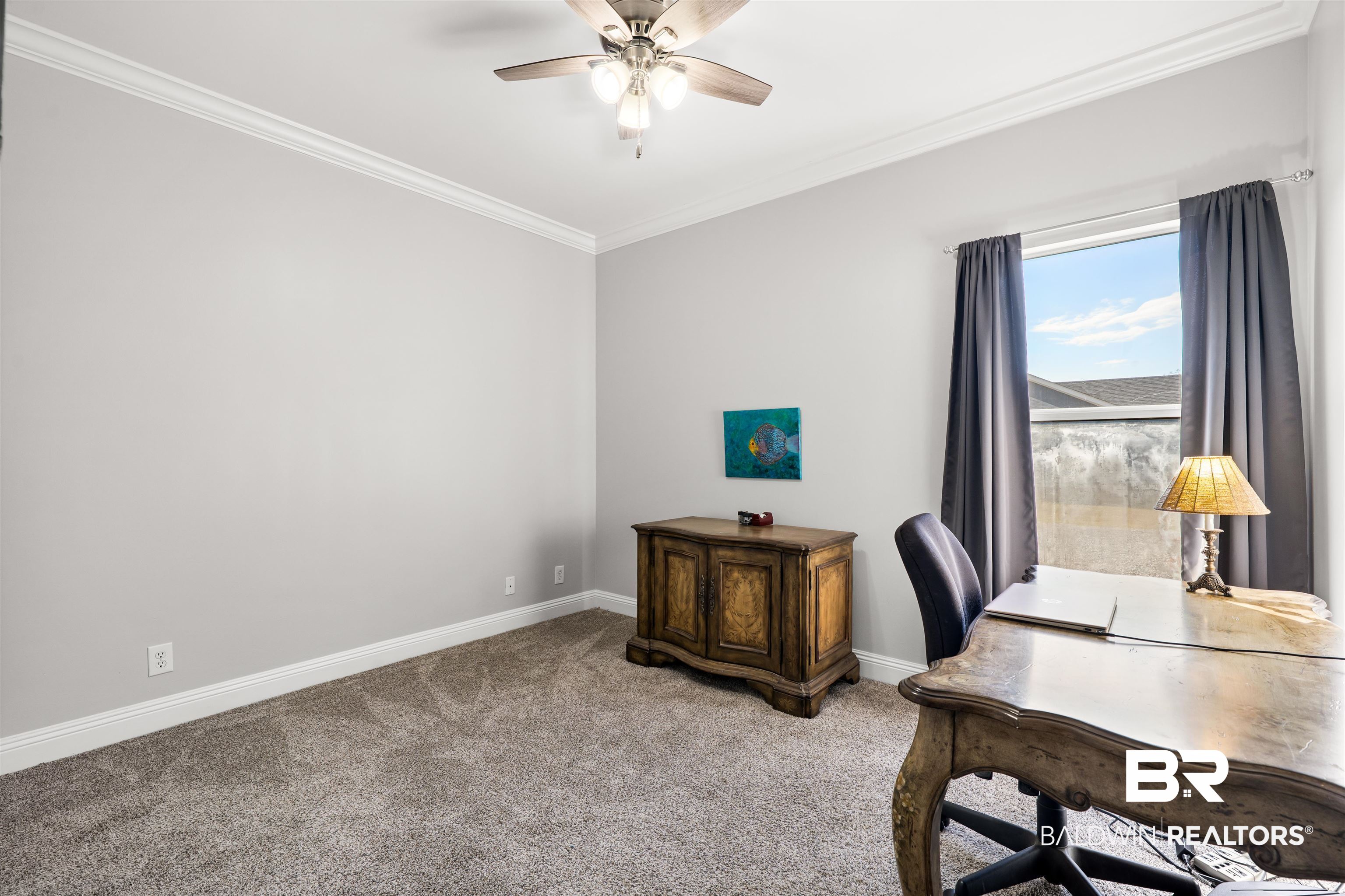 19079 Baldwin County Road 10 Foley, AL 36535 - Photo 12 of 37 Office space featuring ornamental molding, carpet floors, and a ceiling fan