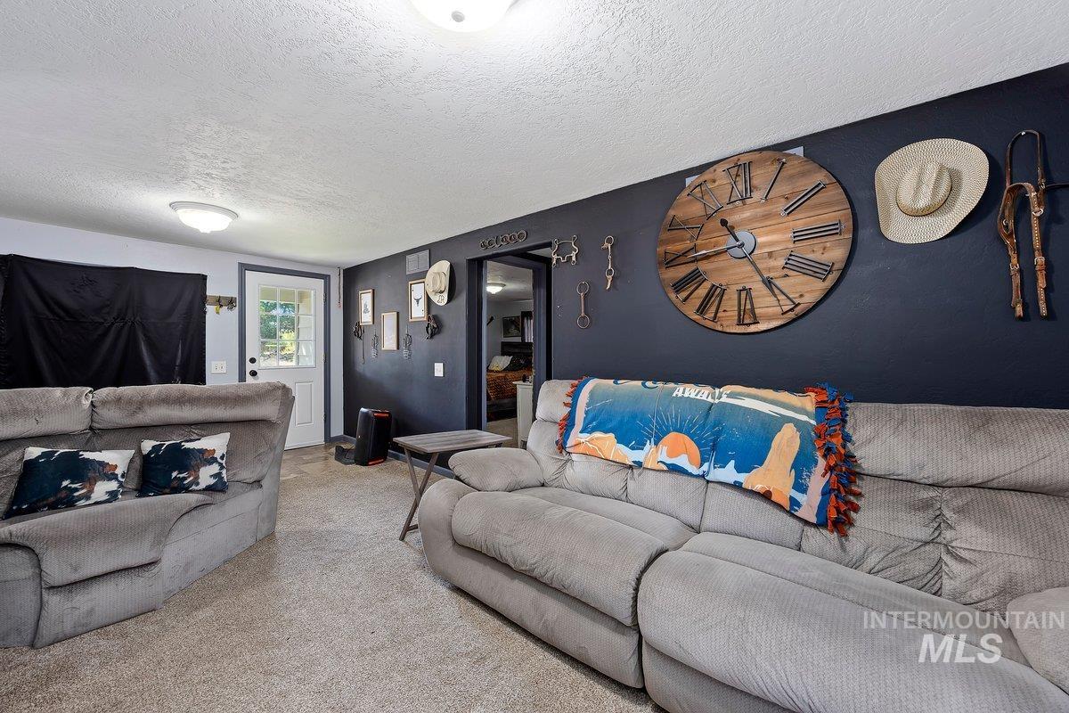 418 South Date Street Shoshone, ID 83352 - Photo 7 of 36 Living area featuring neutral-toned carpeting, a white paneled entry door with glass inserts, and a dark accent wall