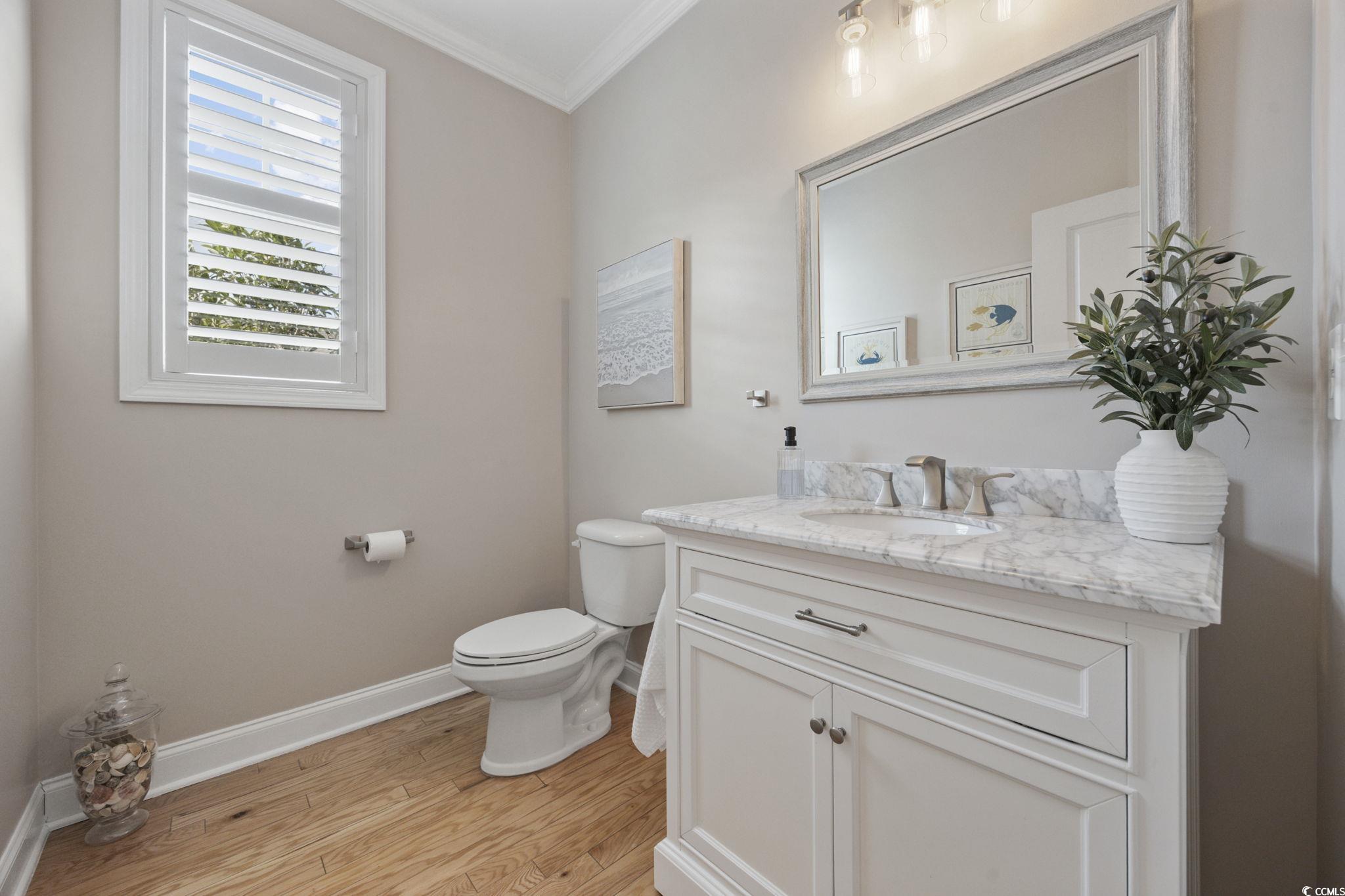 147 Hyacinth Loop Murrells Inlet, SC 29576 - Photo 17 of 40 Half bathroom with vanity, light wood-style floors, and ornamental molding
