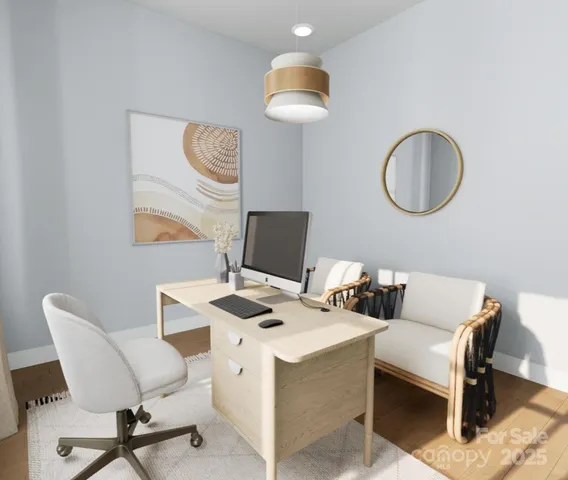 a work room with furniture and a mirror
