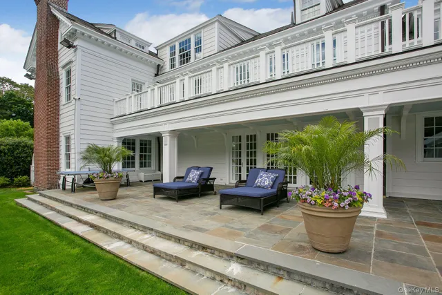 a view of a patio with couches chairs and a potted plant