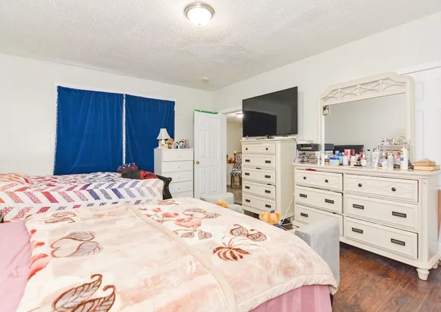 a bedroom with a bed and a closet