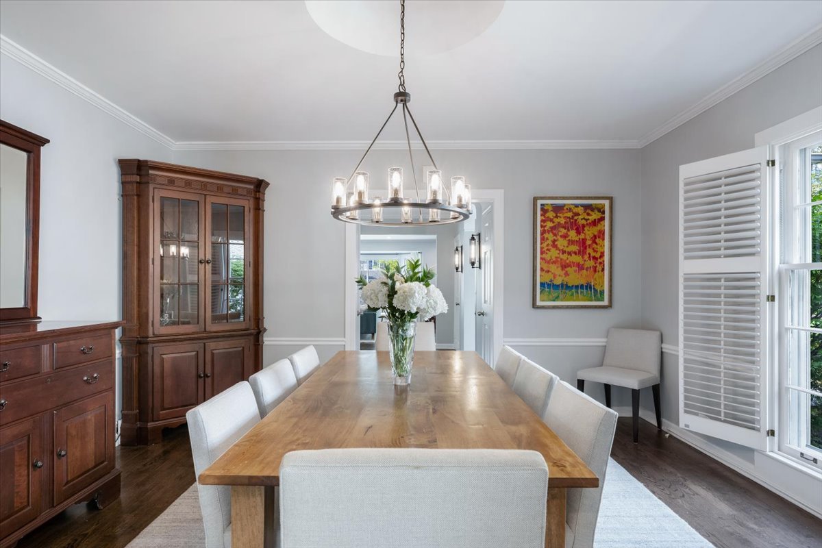 910 Chippewa Lane Wilmette, IL 60091 - Photo 8 of 38 a dining room with wooden floor a chandelier a wooden table and chairs