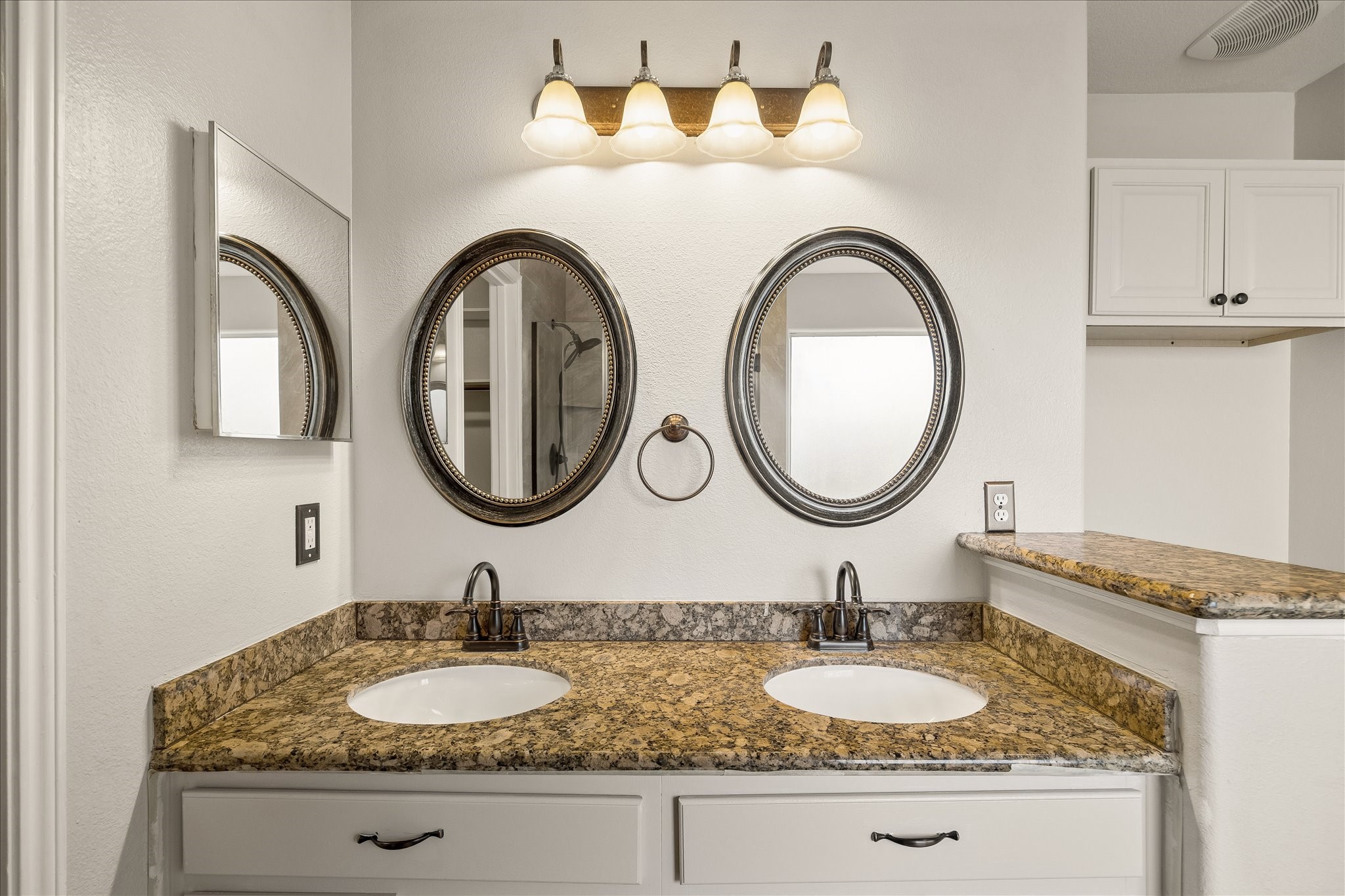 223 Sunset Colony Drive Rosharon, TX 77583 - Photo 20 of 50 The owner's private ensuite bathroom features a granite topped dual sink vanity with extensive storage below and framed mirrors with stylish vanity lights above.