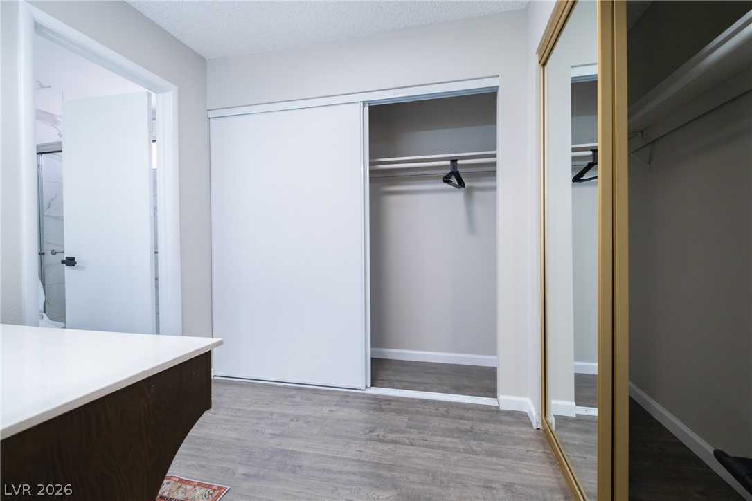 6356 West Viking Road Las Vegas, NV 89103 - Photo 36 of 51 Double closets with sliding doors stand adjacent to modern wood-look flooring.