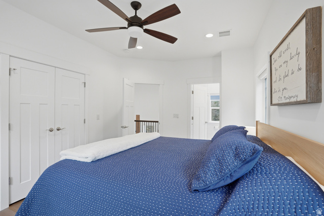 2450 Snake Creek Road Midway, UT 84049 - Photo 17 of 34 Bedroom with recessed lighting, ceiling fan, ensuite bathroom, and a closet