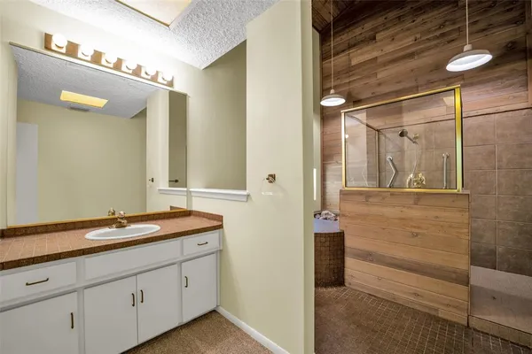 a bathroom with a granite countertop sink a mirror and a shower