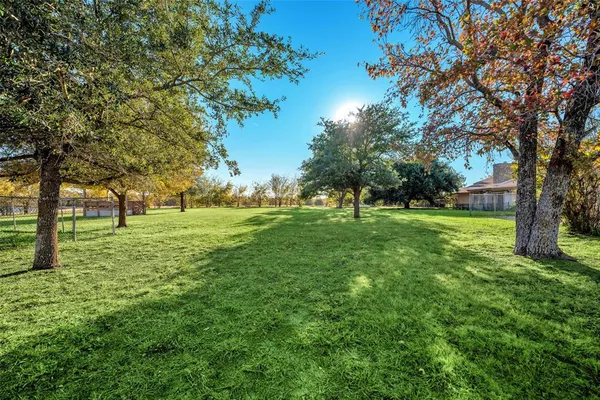 a view of grassy field with benches and trees all around