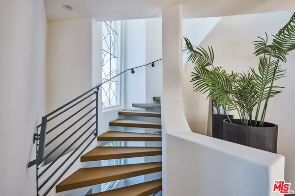 a view of staircase with wooden floor and a potted plant
