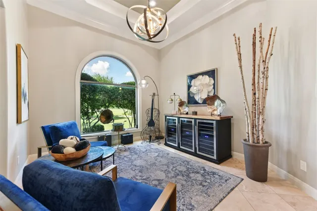 a workspace with chandelier