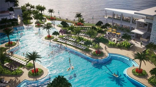 a view of a swimming pool and outside space