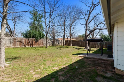 a view of a park with large trees